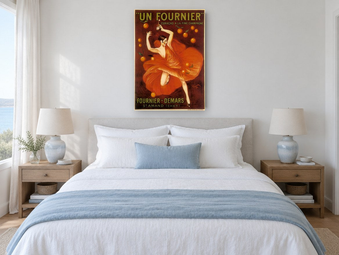 Dancing in Orange Silk vintage canvas print on the wall of a coastal bedroom