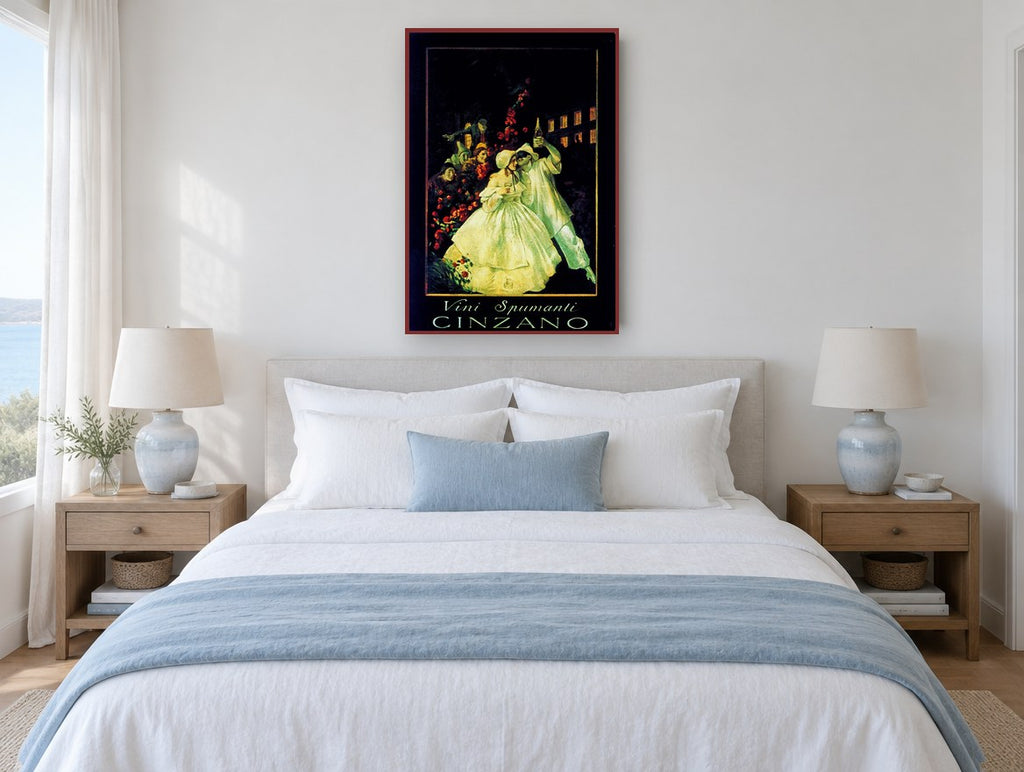 Cinzano Midnight Toast vintage canvas print on the wall of a coastal bedroom