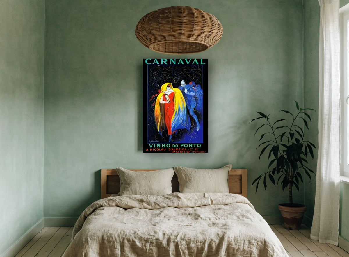 Carnaval Port Wine Revellers vintage canvas print on the wall of a bedroom