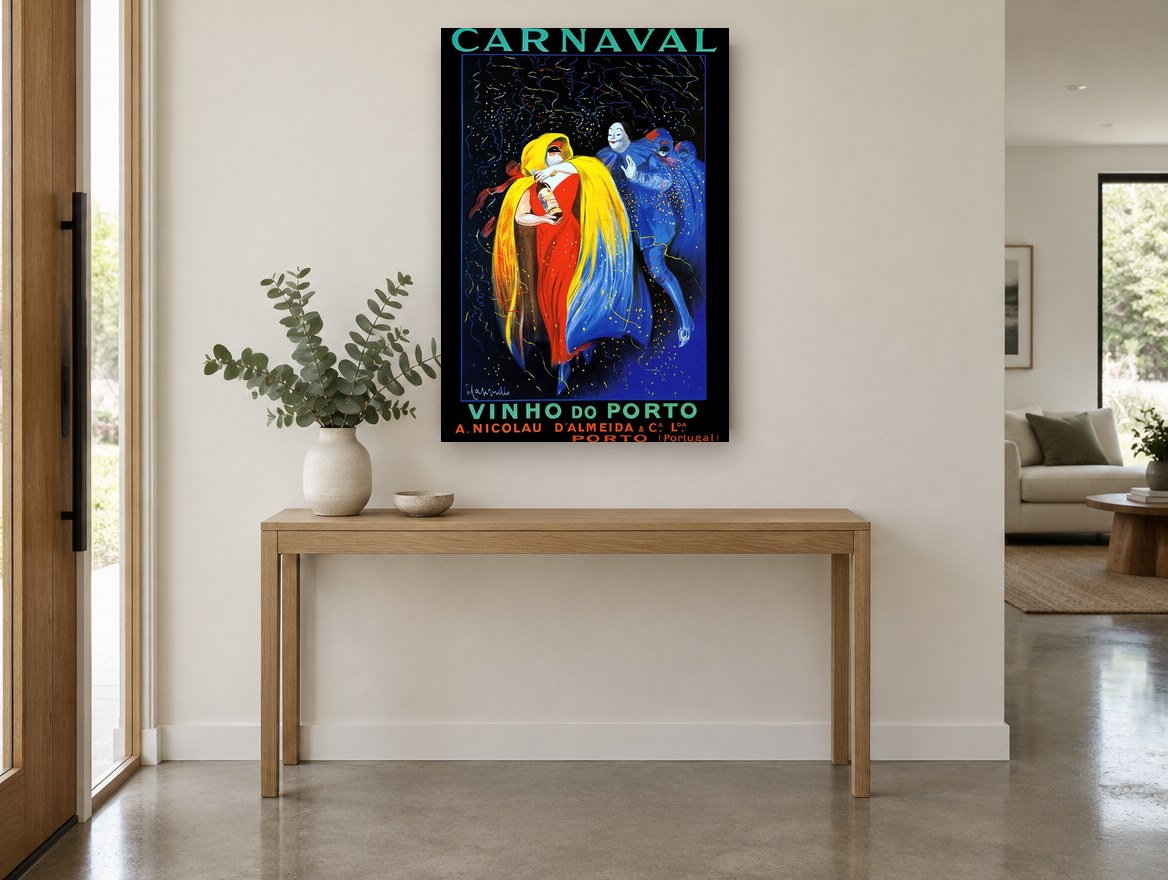 Carnaval Port Wine Revellers vintage canvas print on the wall of a entry hall