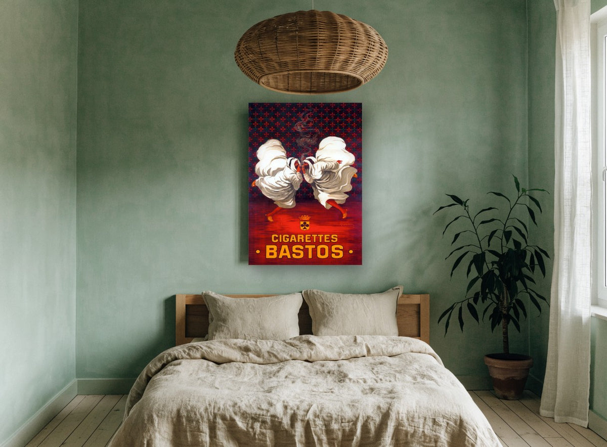 Two Hooded Smokers vintage canvas print on the wall of a bedroom