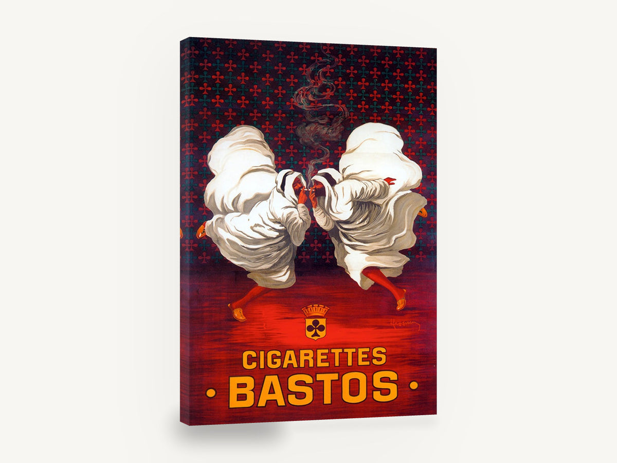 Two Hooded Smokers, vintage cigarettes bastos advertising poster, stretched canvas wall art print ready to hang