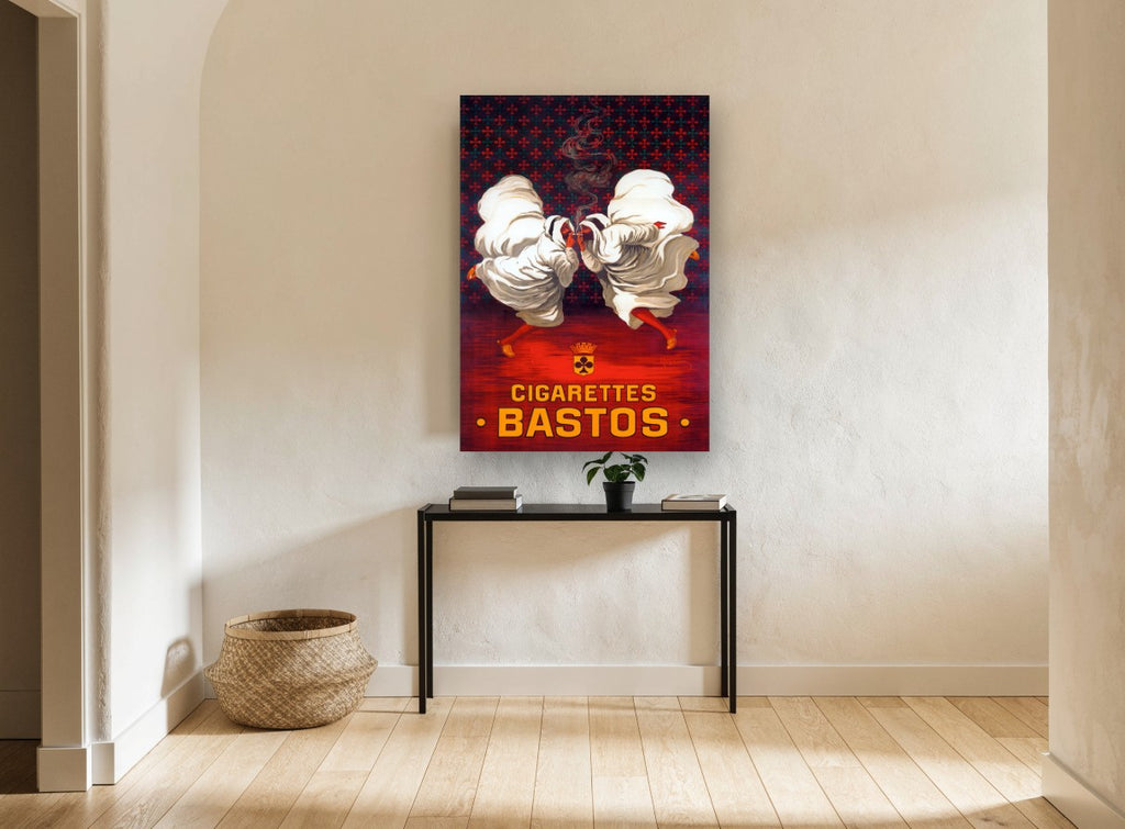 Two Hooded Smokers vintage canvas print on the wall of a hallway