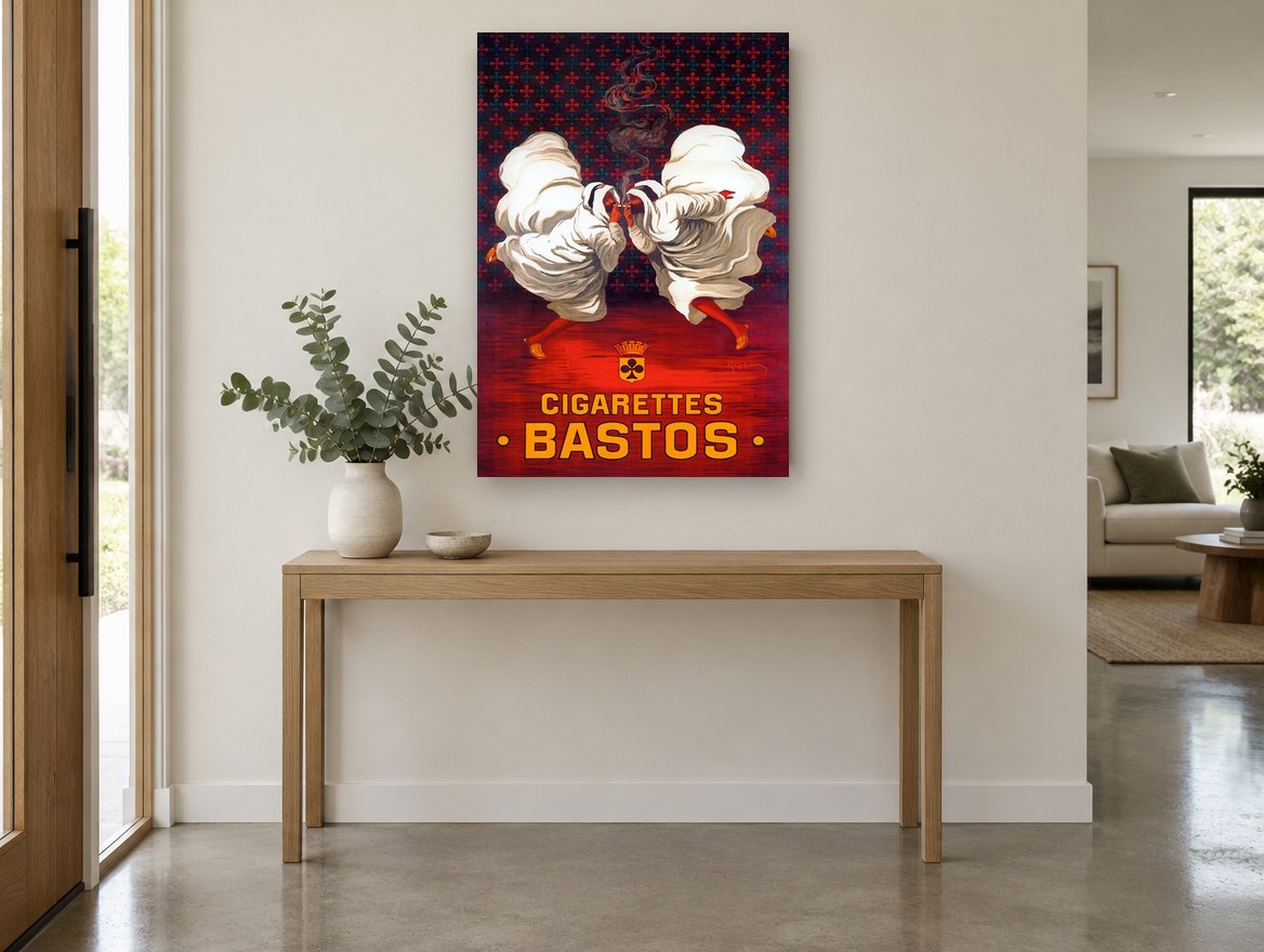 Two Hooded Smokers vintage canvas print on the wall of a entry hall