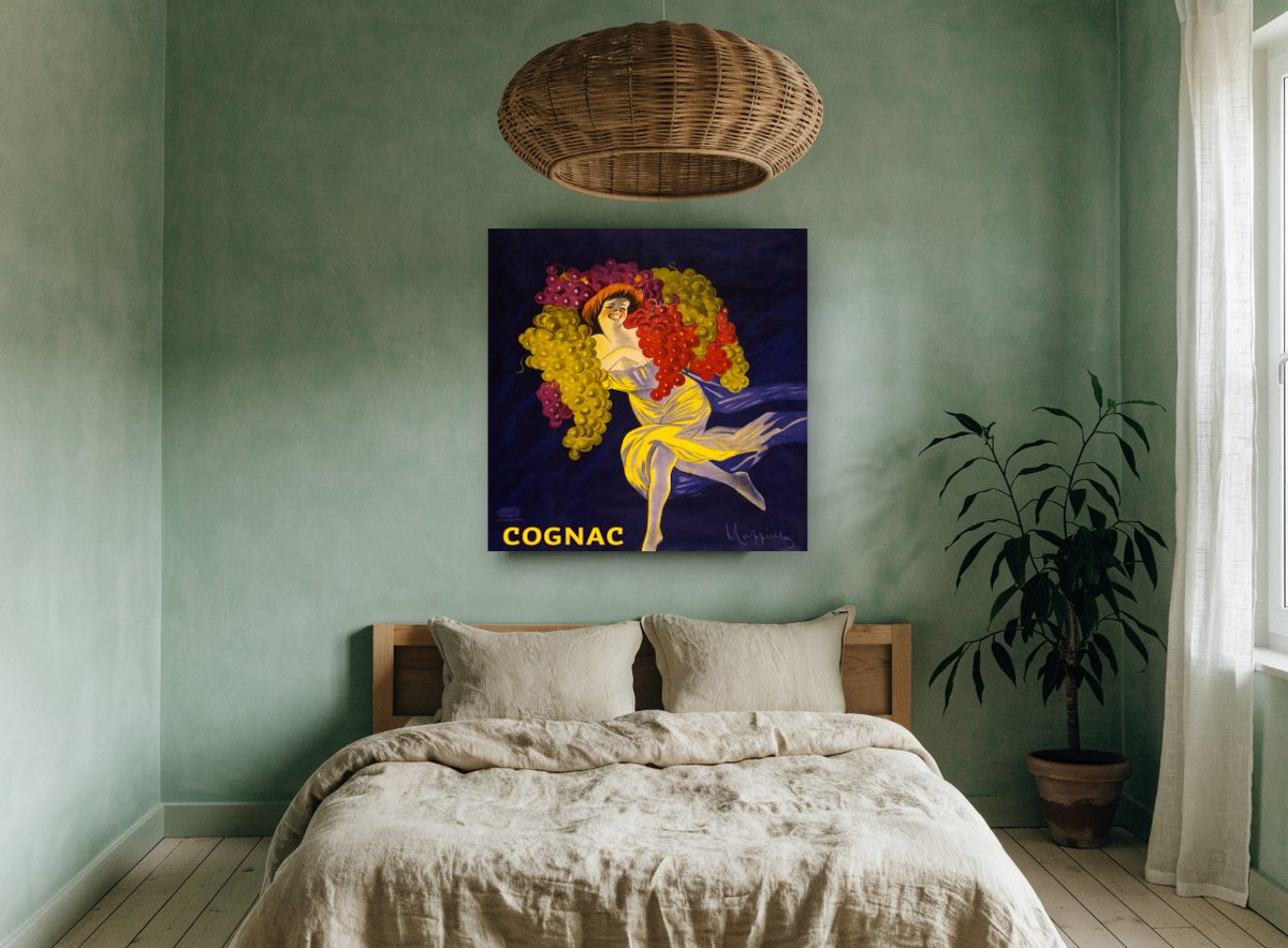 Dancing Grape Girl vintage canvas print on the wall of a bedroom