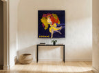 Dancing Grape Girl vintage canvas print on the wall of a hallway