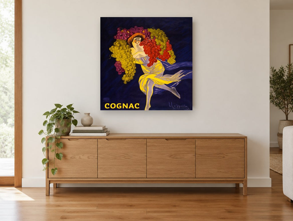 Dancing Grape Girl vintage canvas print on the wall of a living room above a sideboard