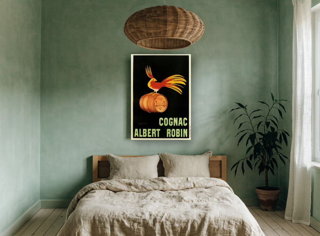 Golden Bird Cognac vintage canvas print on the wall of a bedroom