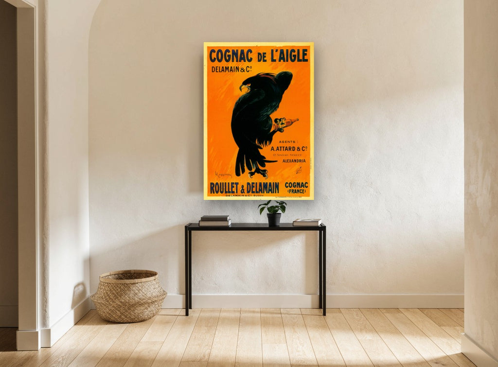 Eagle Holding Cognac vintage canvas print on the wall of a hallway