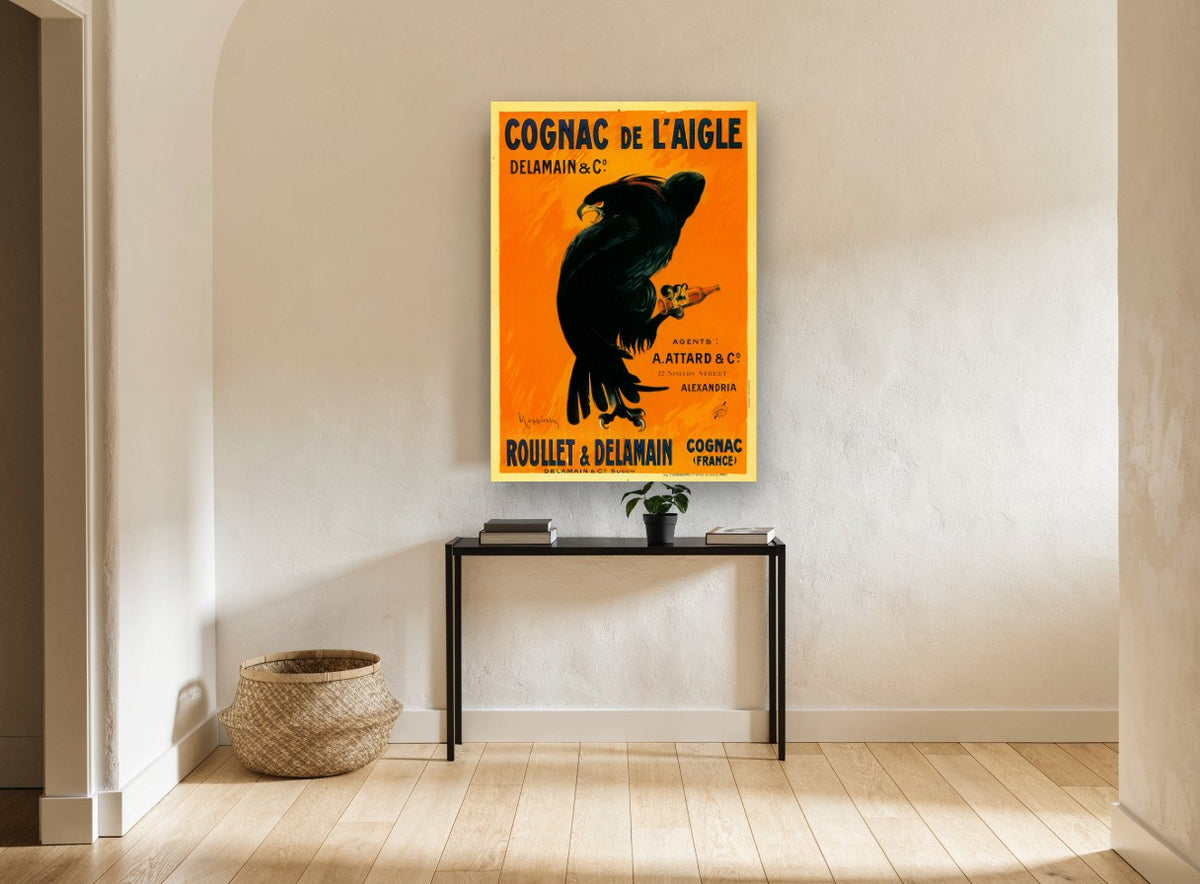 Eagle Holding Cognac vintage canvas print on the wall of a hallway