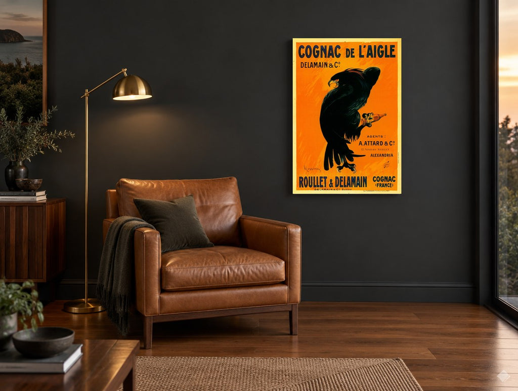 Eagle Holding Cognac vintage canvas print on the wall of a charcoal living room