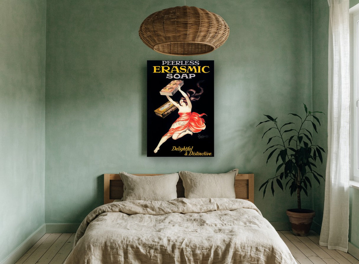 Delightful and Distinctive vintage canvas print on the wall of a bedroom