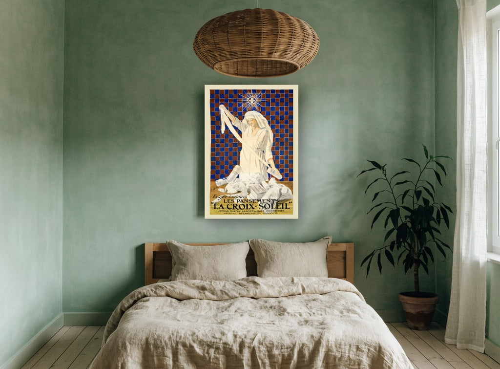 Nurse and Bandages vintage canvas print on the wall of a bedroom