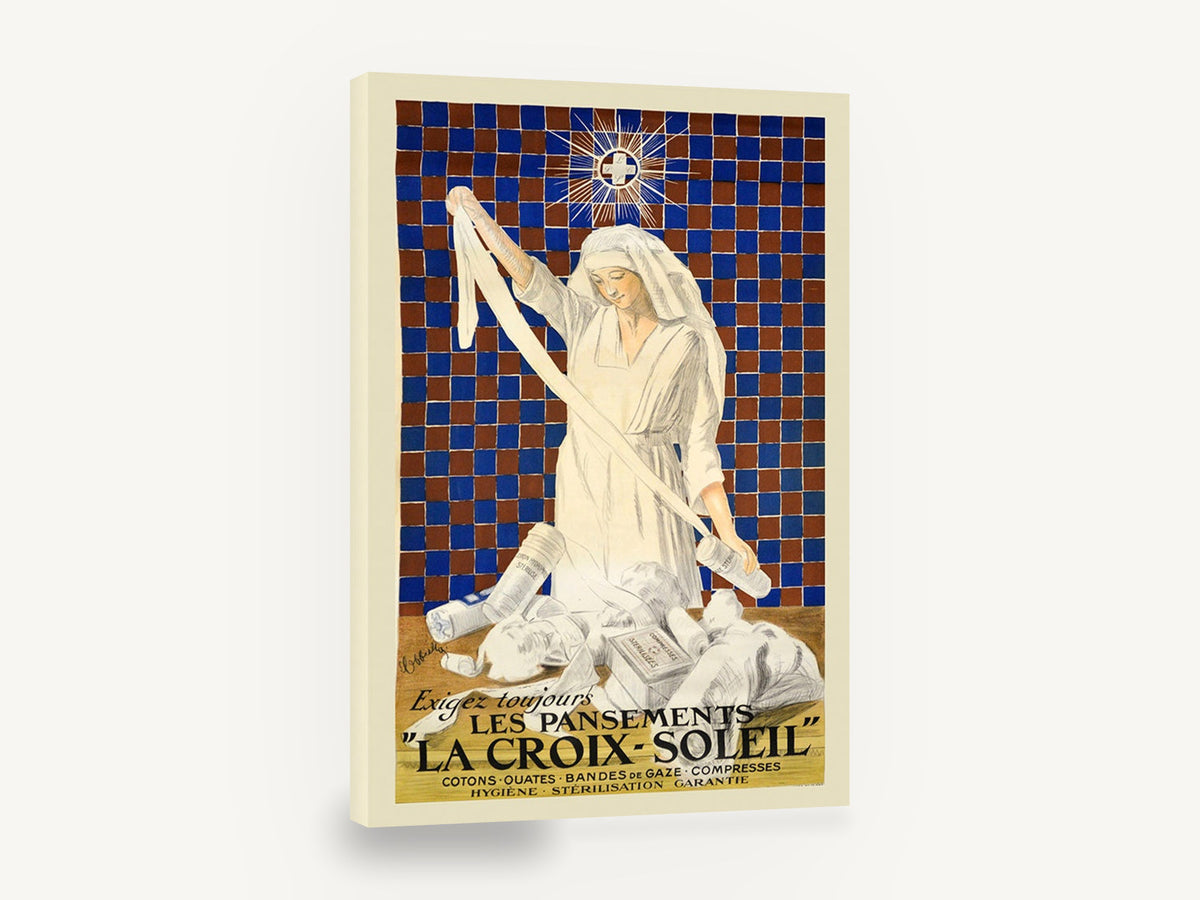 Nurse and Bandages, vintage french nurse bandage advertising poster, stretched canvas wall art print ready to hang