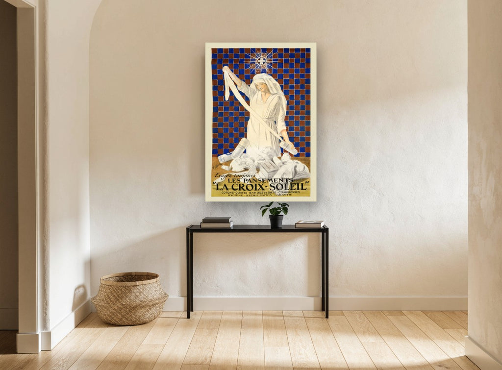 Nurse and Bandages vintage canvas print on the wall of a hallway