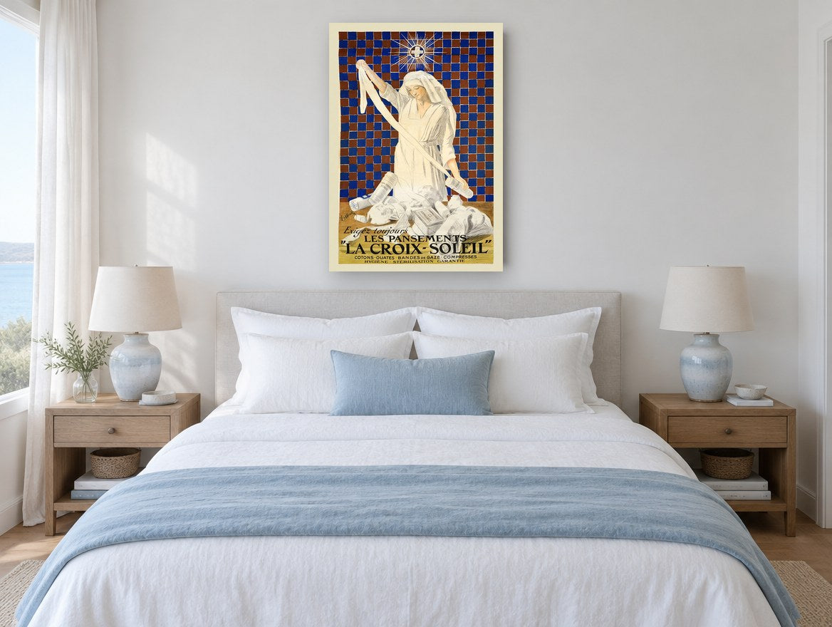 Nurse and Bandages vintage canvas print on the wall of a coastal bedroom