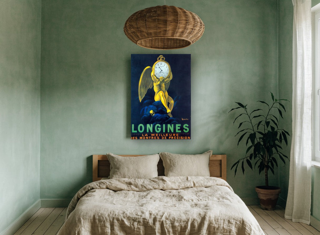 Winged Time Bearer vintage canvas print on the wall of a bedroom