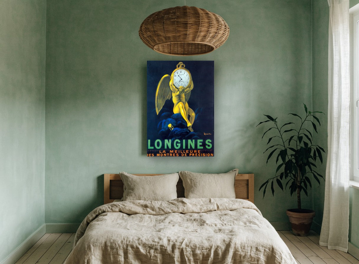 Winged Time Bearer vintage canvas print on the wall of a bedroom