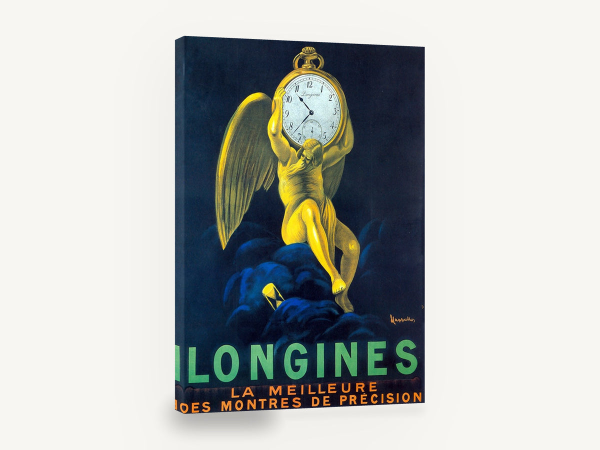 Winged Time Bearer, vintage longines pocket watch advertisement, stretched canvas wall art print ready to hang