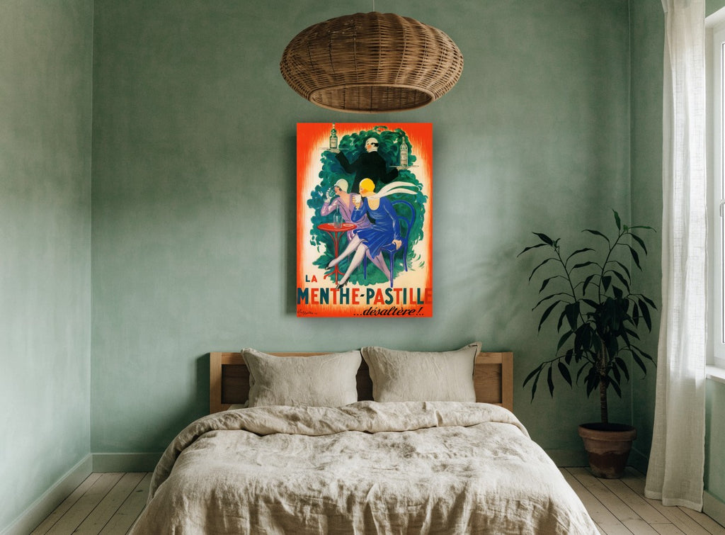 Menthe-Pastille Café Terrace vintage canvas print on the wall of a bedroom