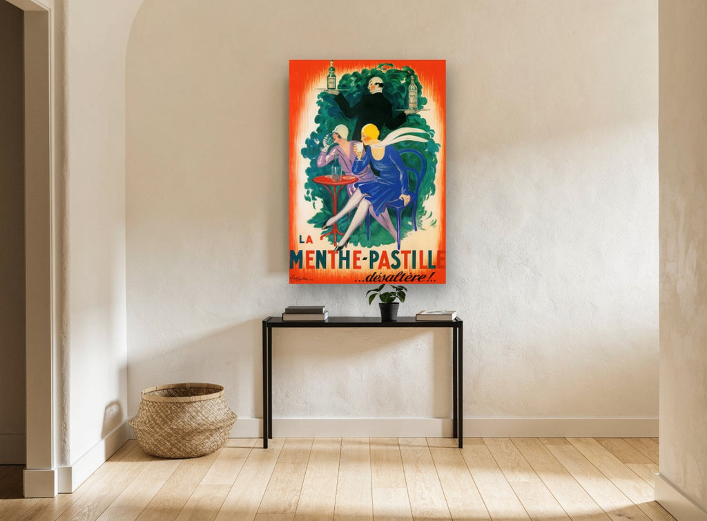 Menthe-Pastille Café Terrace vintage canvas print on the wall of a hallway