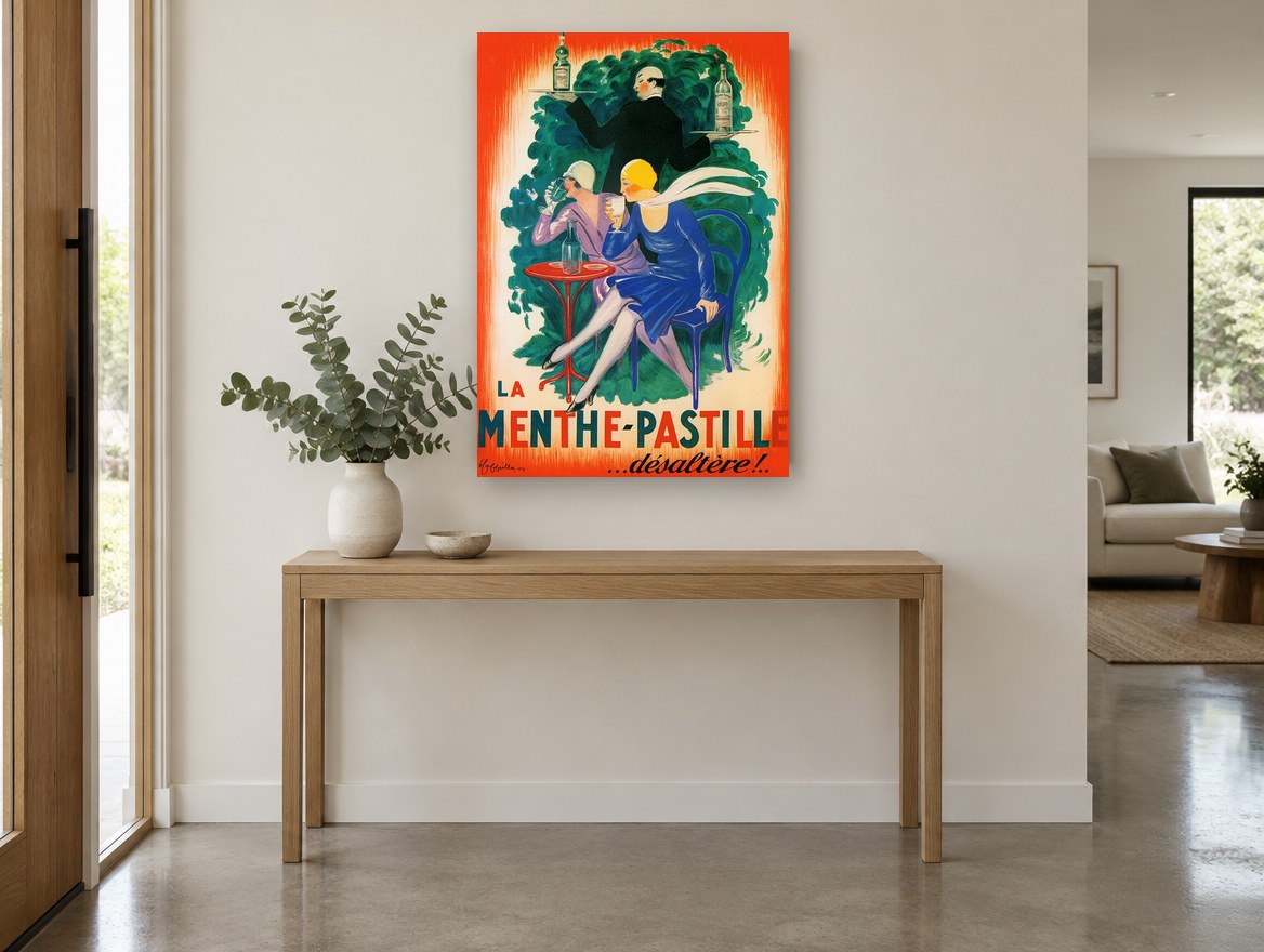 Menthe-Pastille Café Terrace vintage canvas print on the wall of a entry hall