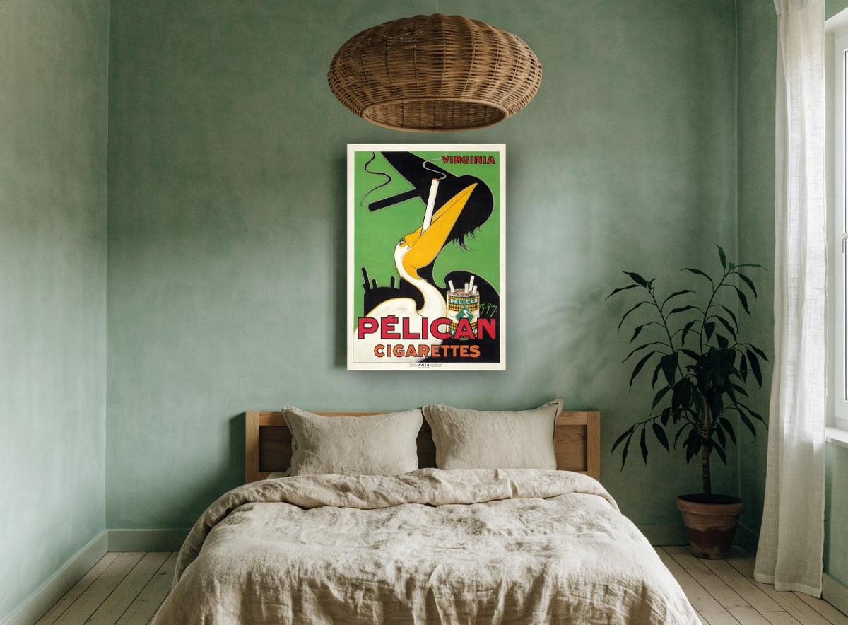 Smoking Pelican Advert vintage canvas print on the wall of a bedroom