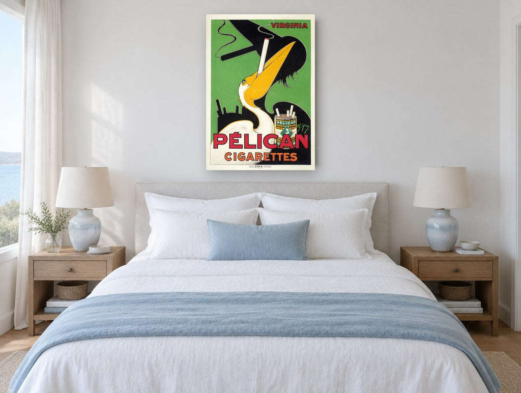 Smoking Pelican Advert vintage canvas print on the wall of a coastal bedroom