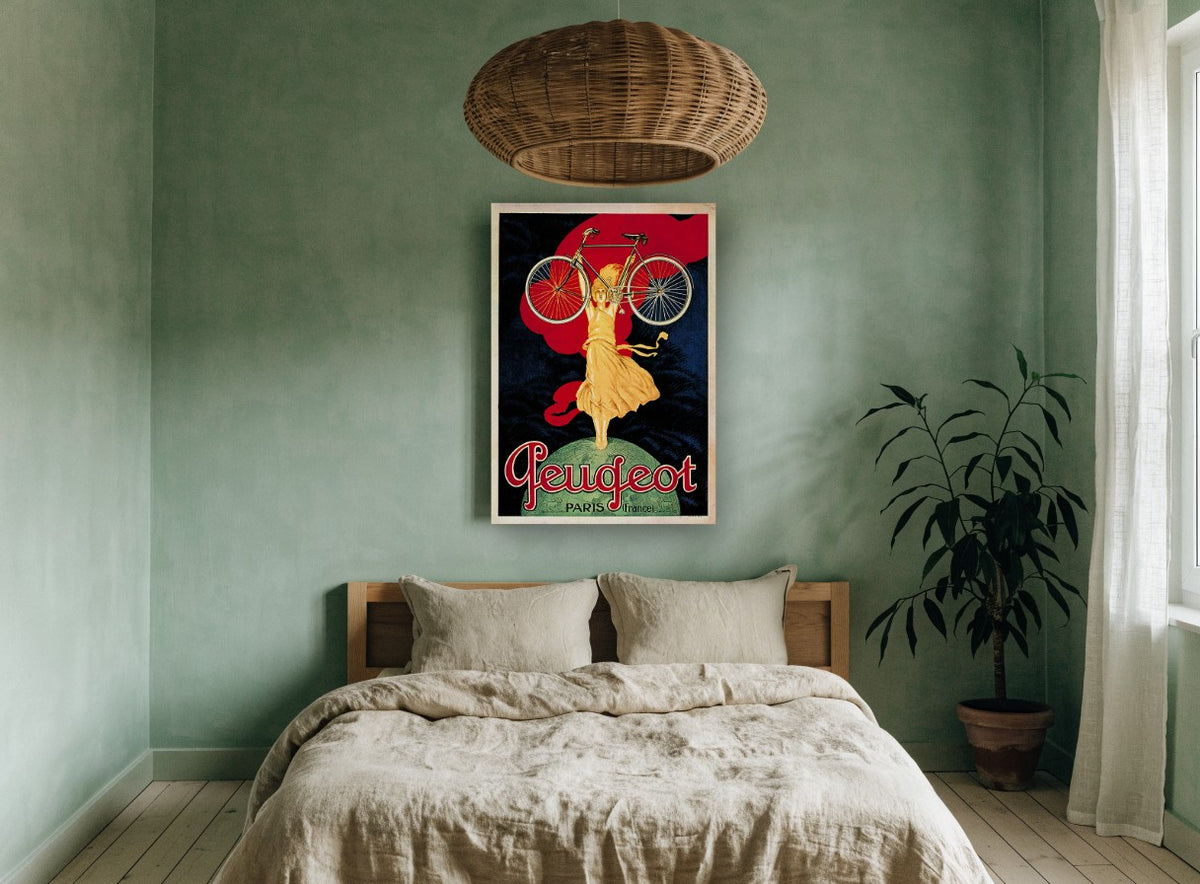 Peugeot Bicycle Victory vintage canvas print on the wall of a bedroom