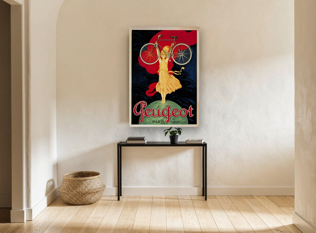 Peugeot Bicycle Victory vintage canvas print on the wall of a hallway