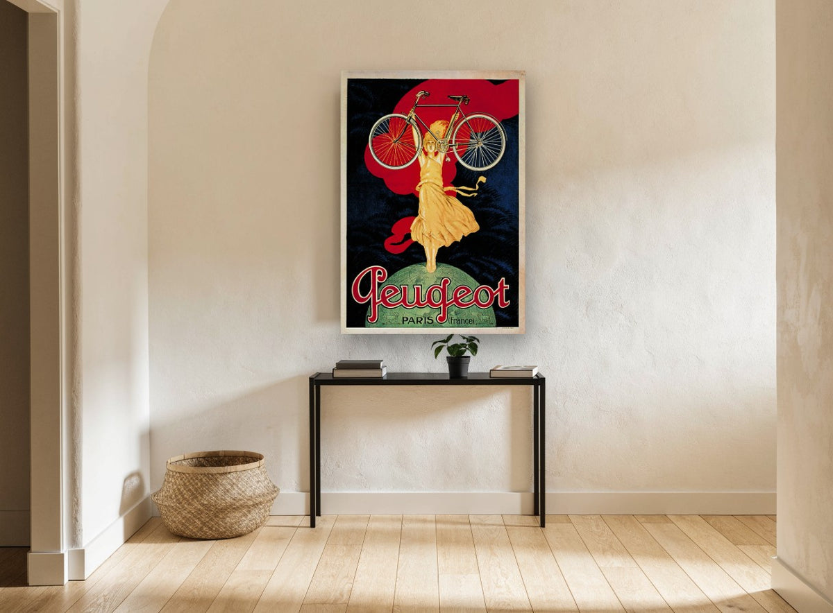 Peugeot Bicycle Victory vintage canvas print on the wall of a hallway
