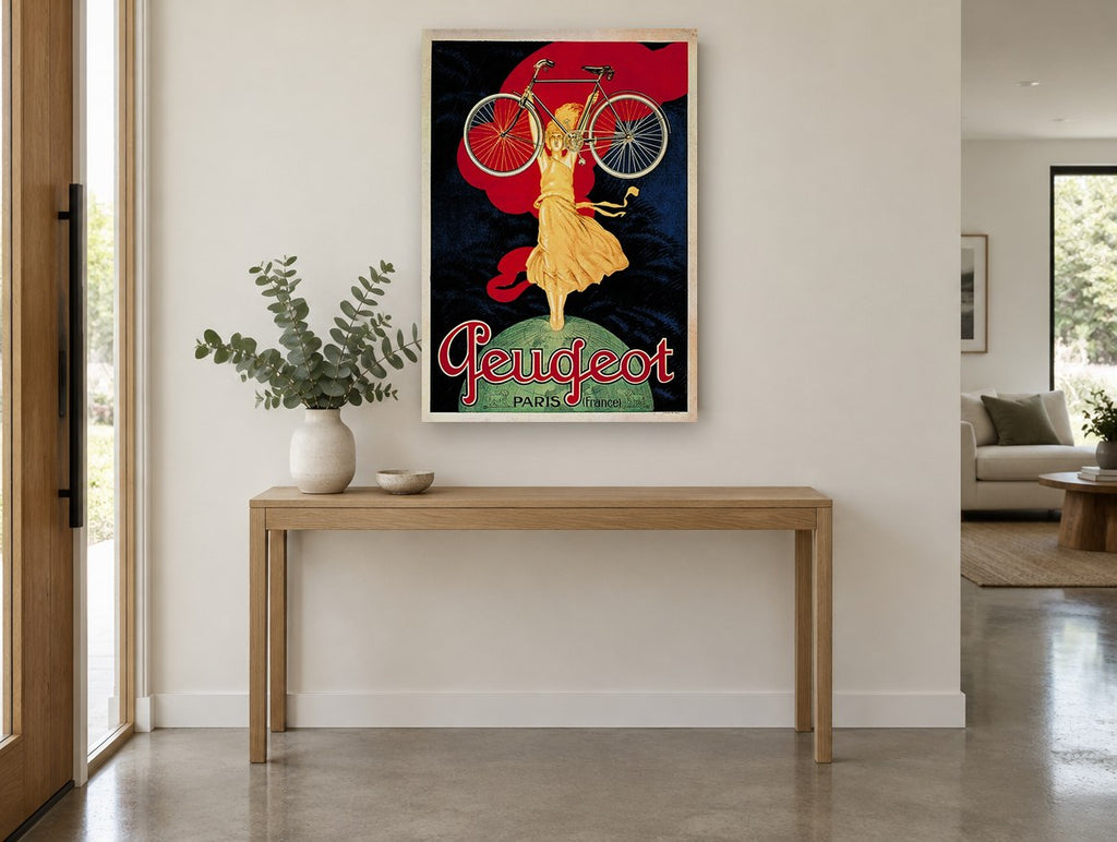 Peugeot Bicycle Victory vintage canvas print on the wall of a entry hall