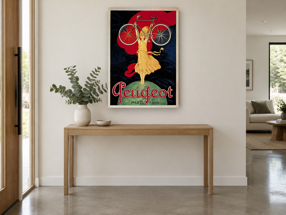 Peugeot Bicycle Victory vintage canvas print on the wall of a entry hall