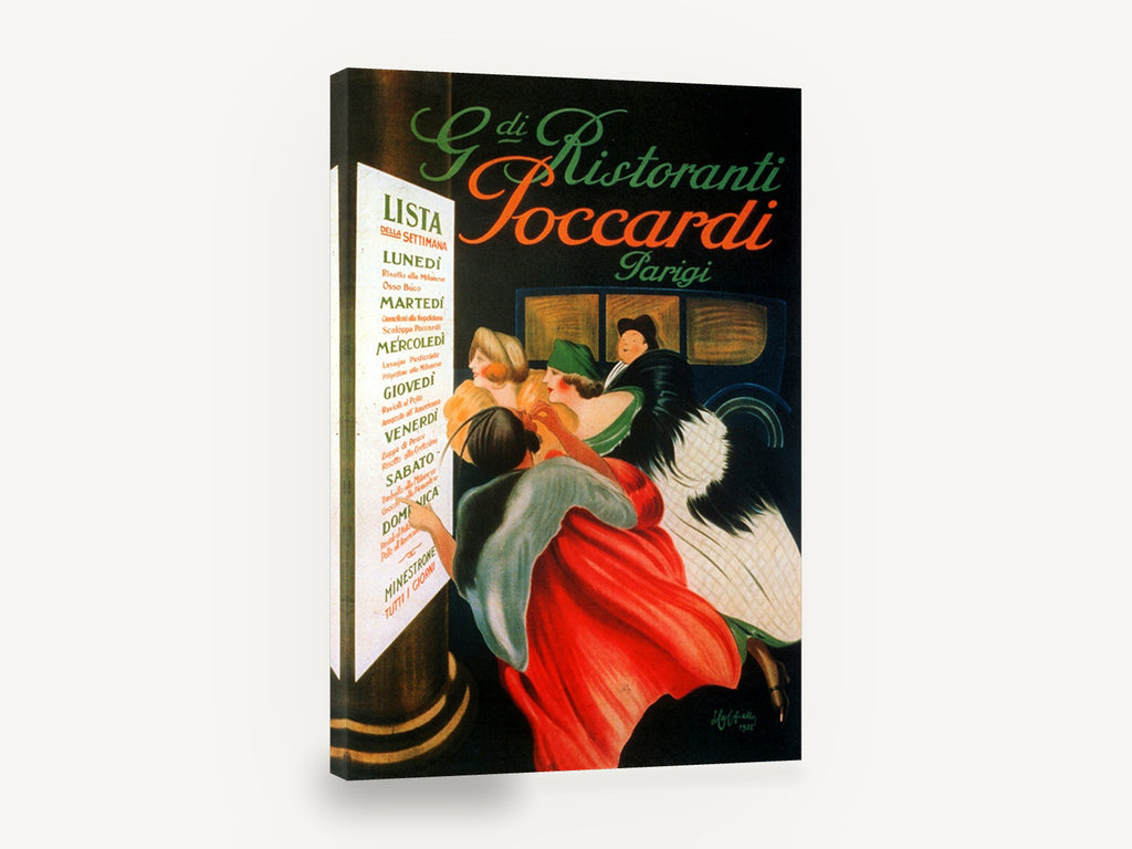 Poccardi Weekly Menu, vintage italian restaurant menu poster, stretched canvas wall art print ready to hang
