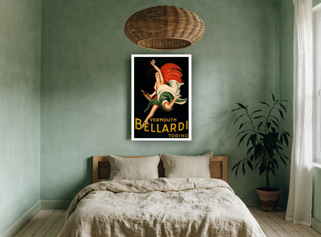 Dancing Bellardi Vermouth vintage canvas print on the wall of a bedroom