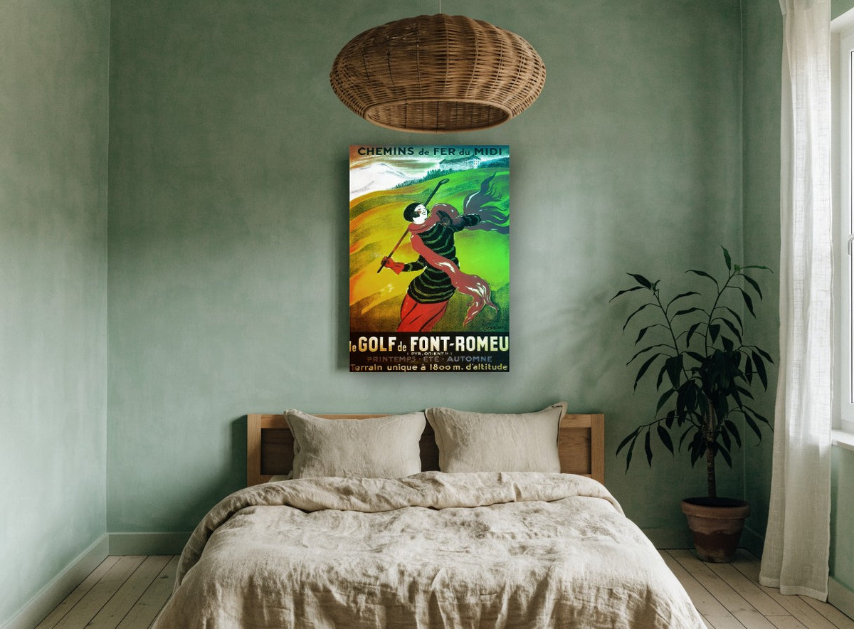 Windswept Golfer at Font-Romeu vintage canvas print on the wall of a bedroom
