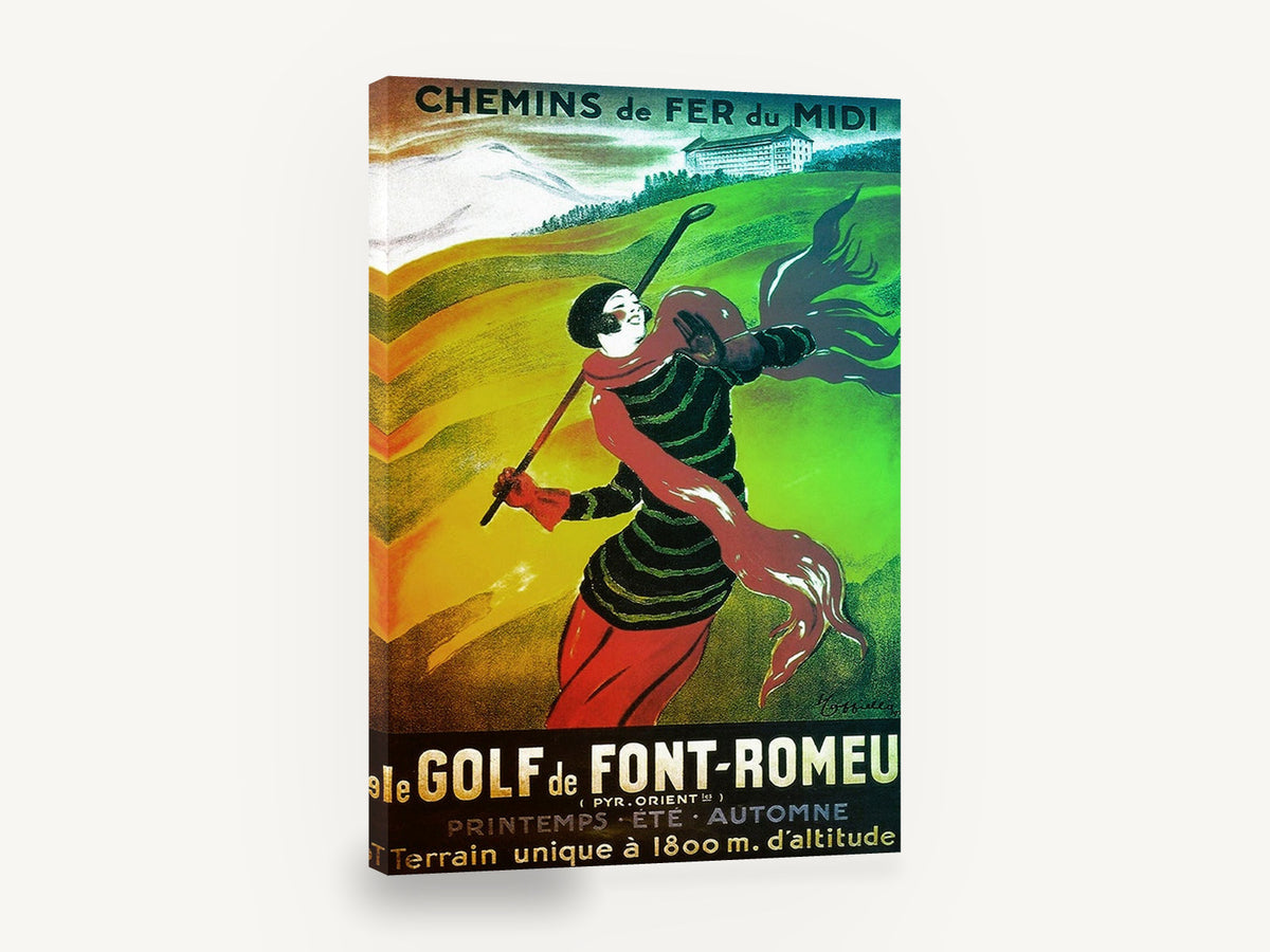 Windswept Golfer at Font-Romeu, vintage french golf resort travel poster, stretched canvas wall art print ready to hang