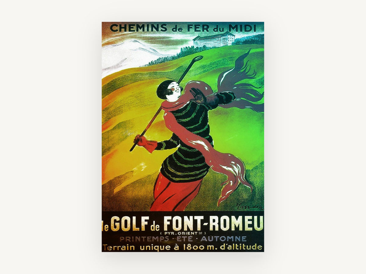 Windswept Golfer at Font-Romeu, vintage canvas wall art print, front view