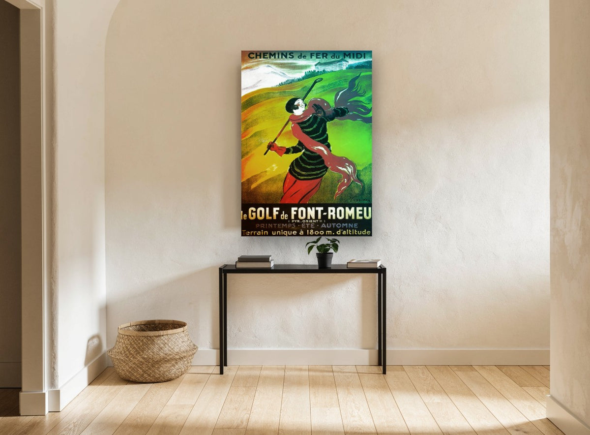 Windswept Golfer at Font-Romeu vintage canvas print on the wall of a hallway