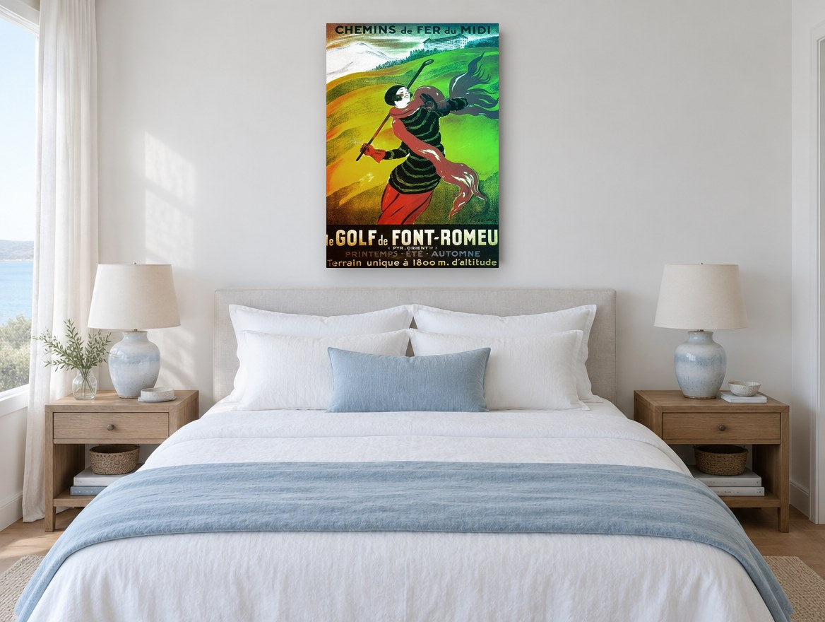 Windswept Golfer at Font-Romeu vintage canvas print on the wall of a coastal bedroom