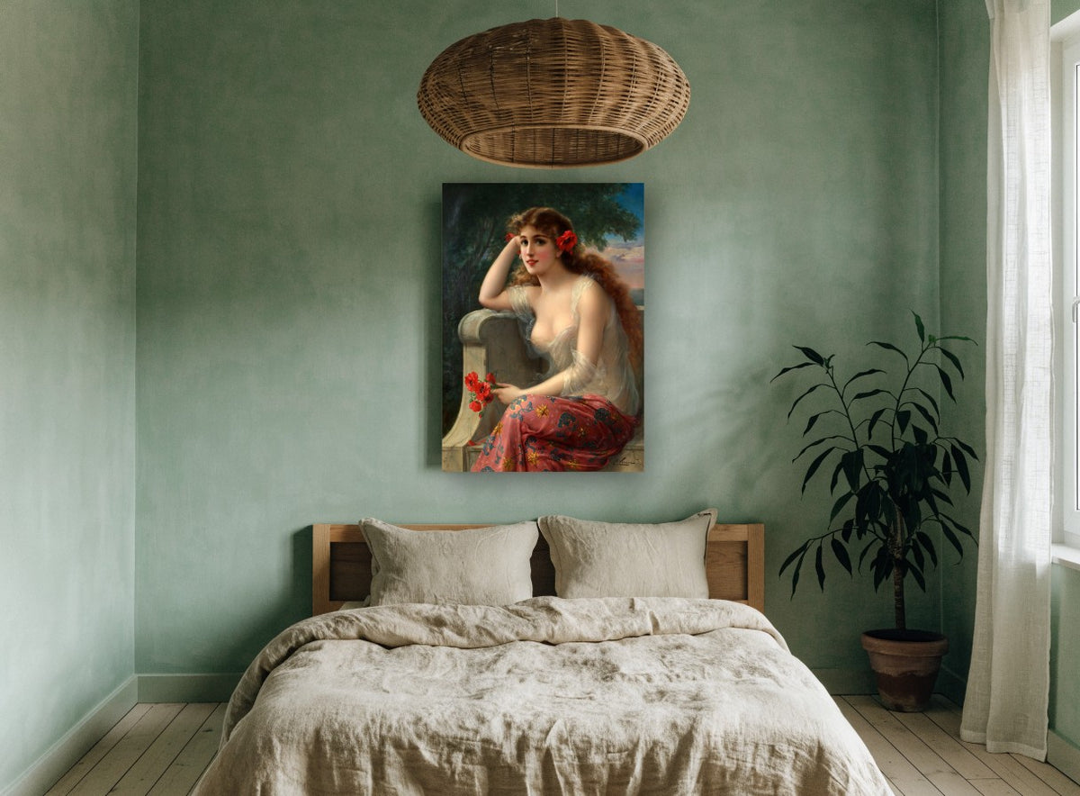 Poppies at Dusk vintage canvas print on the wall of a bedroom