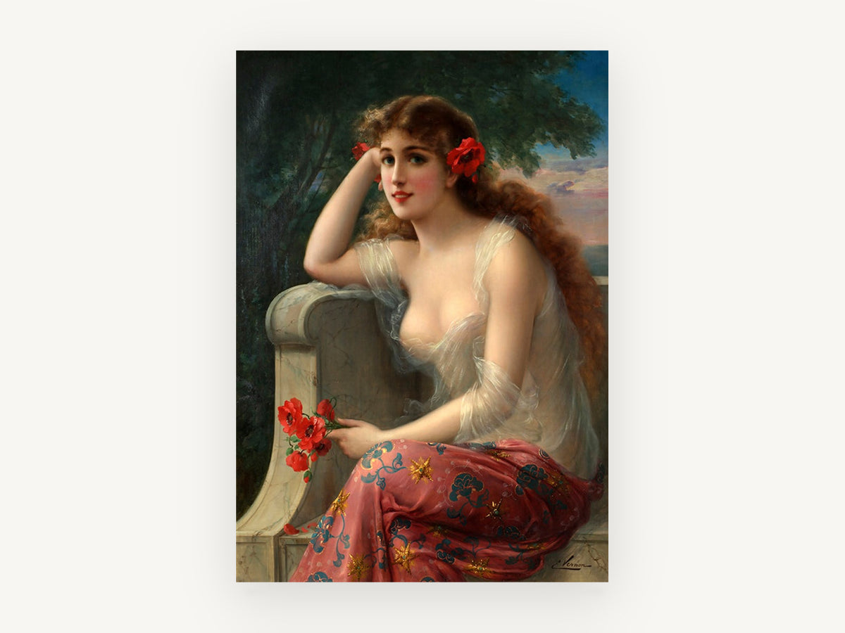Scarlet Poppy Muse, vintage canvas wall art print, front view