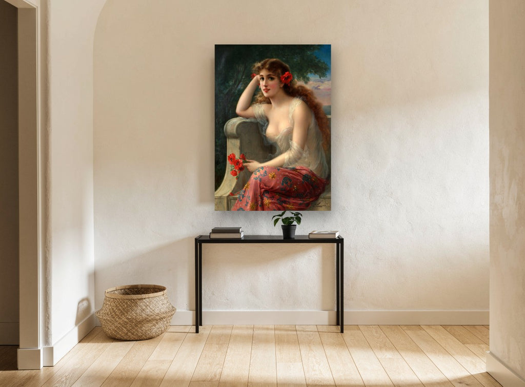 Poppies at Dusk vintage canvas print on the wall of a hallway