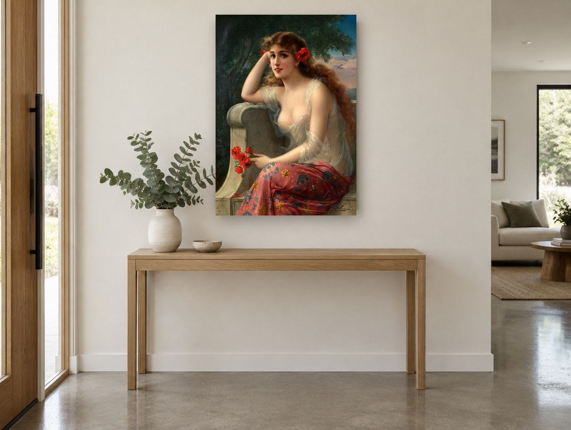 Scarlet Poppy Muse vintage canvas print on the wall of a entry hall