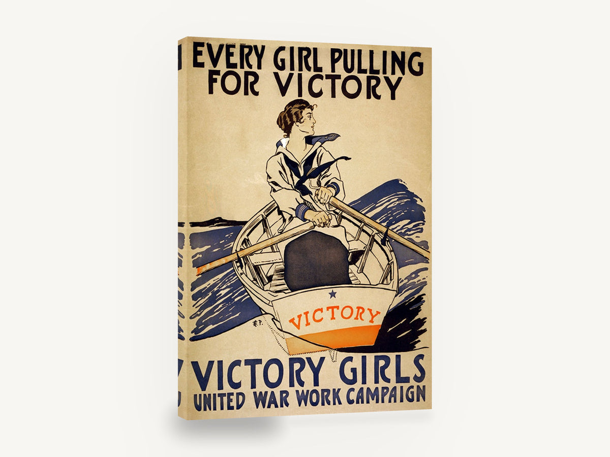 Victory Girls Rowing, vintage victory girls war work poster, stretched canvas wall art print ready to hang