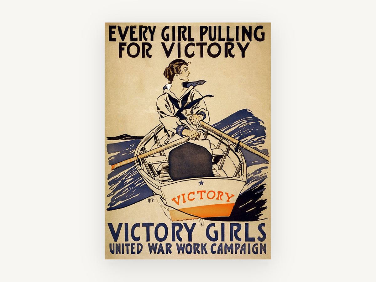 Victory Girls Rowing, vintage canvas wall art print, front view