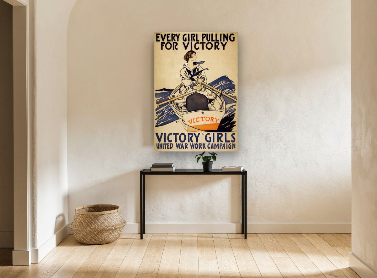 Victory Girls Rowing vintage canvas print on the wall of a hallway