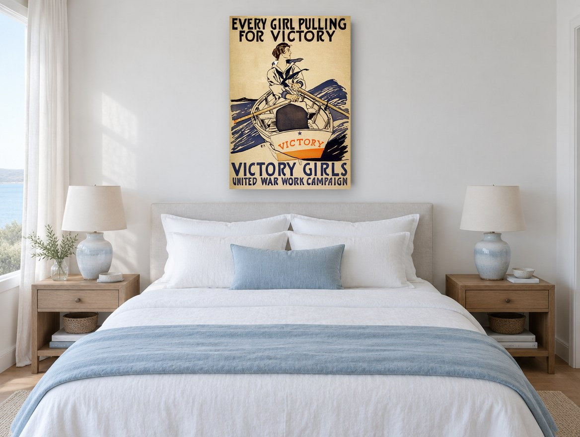 Victory Girls Rowing vintage canvas print on the wall of a coastal bedroom
