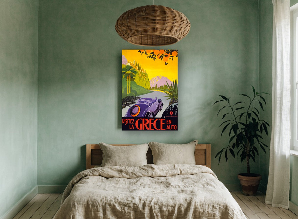 Visit Greece By Car vintage canvas print on the wall of a bedroom