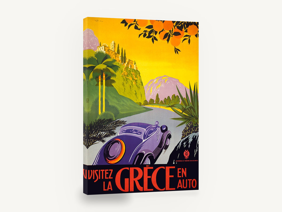 Visit Greece By Car, vintage greece motoring travel poster, stretched canvas wall art print ready to hang